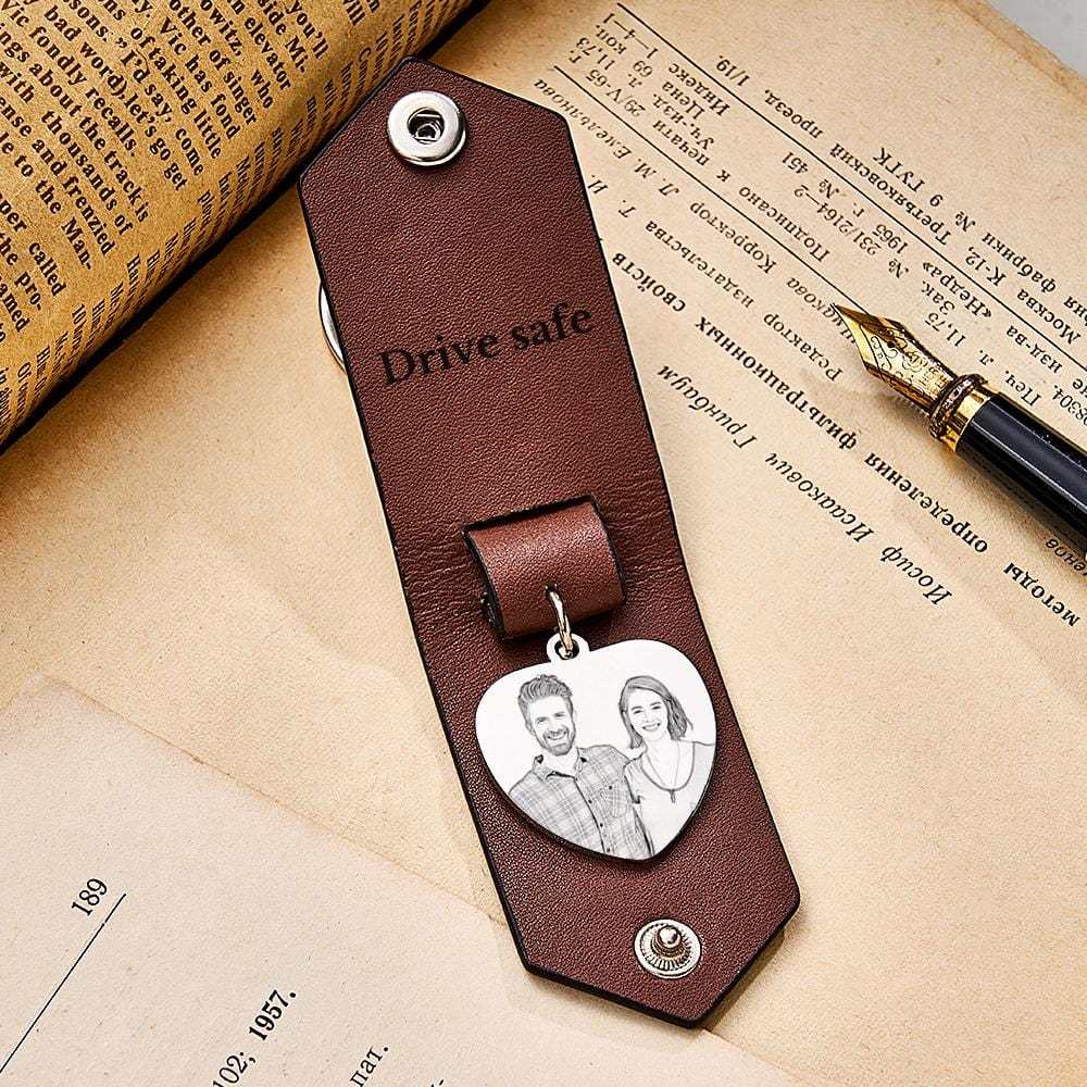 Custom Heart Shaped Photo Leather Keychain With Text Annivesary Gifts For Men - Giftlab