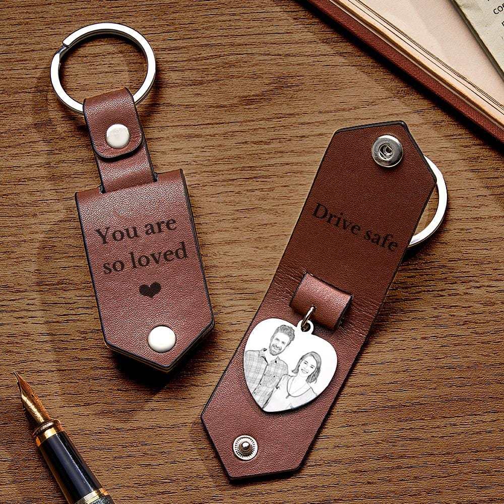 Custom Heart Shaped Photo Leather Keychain With Text Annivesary Gifts For Men - Giftlab