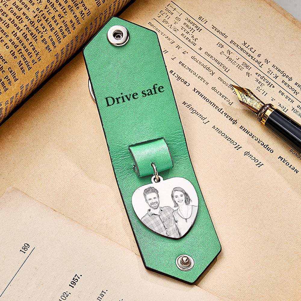 Custom Heart Shaped Photo Leather Keychain With Text Annivesary Gifts For Men - Giftlab