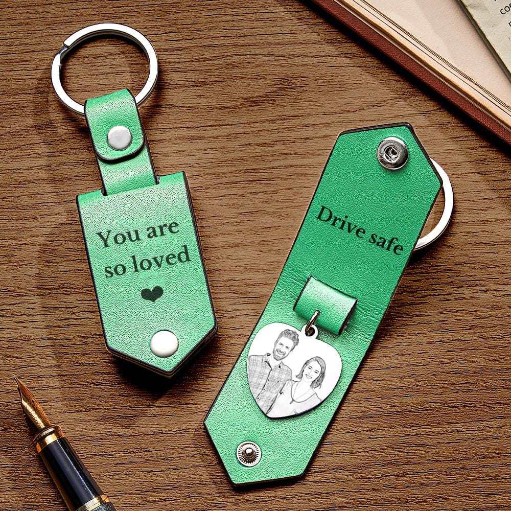Custom Heart Shaped Photo Leather Keychain With Text Annivesary Gifts For Men - Giftlab