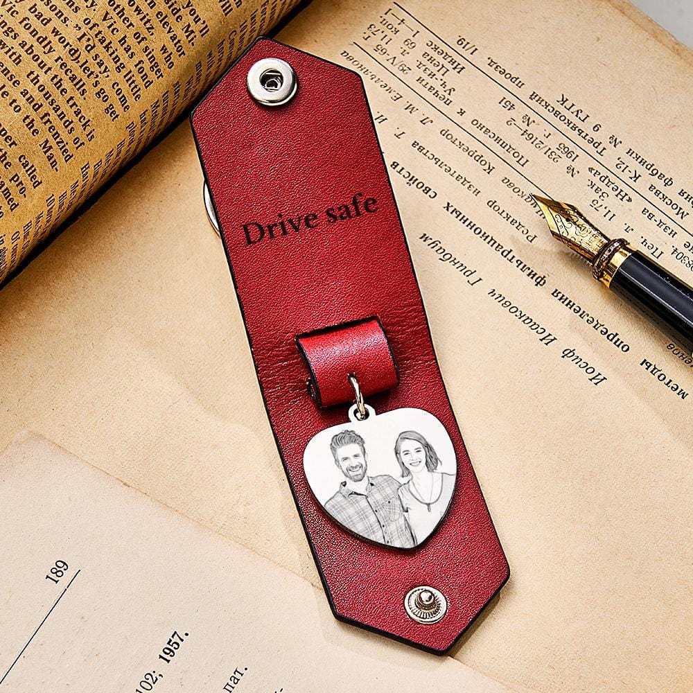 Custom Heart Shaped Photo Leather Keychain With Text Annivesary Gifts For Men - Giftlab