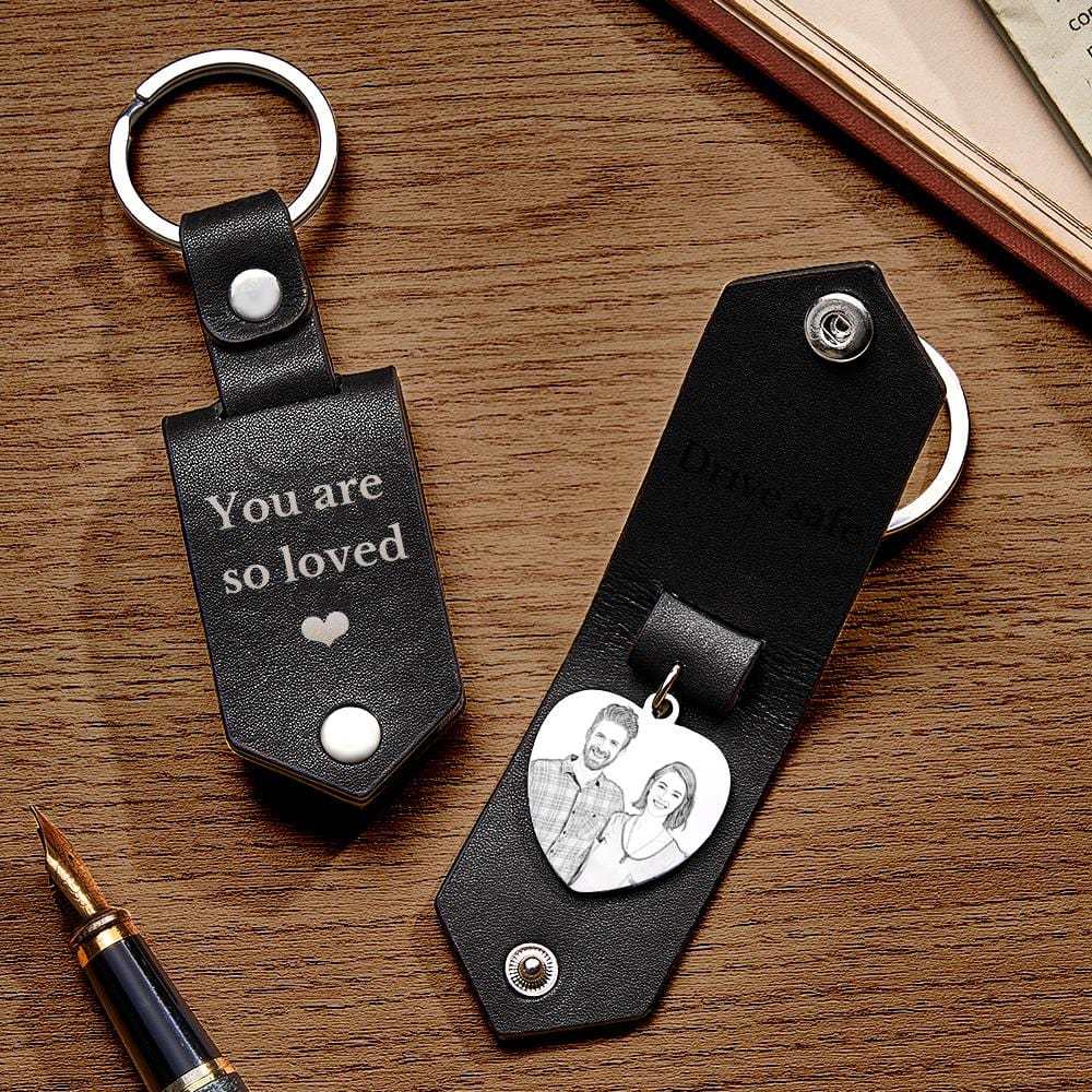 Custom Heart Shaped Photo Leather Keychain With Text Annivesary Gifts For Men - Giftlab