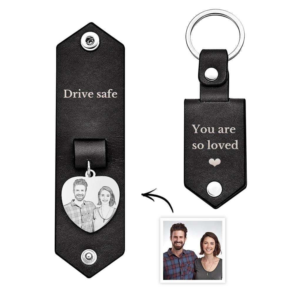 Custom Heart Shaped Photo Leather Keychain With Text Annivesary Gifts For Men - Giftlab