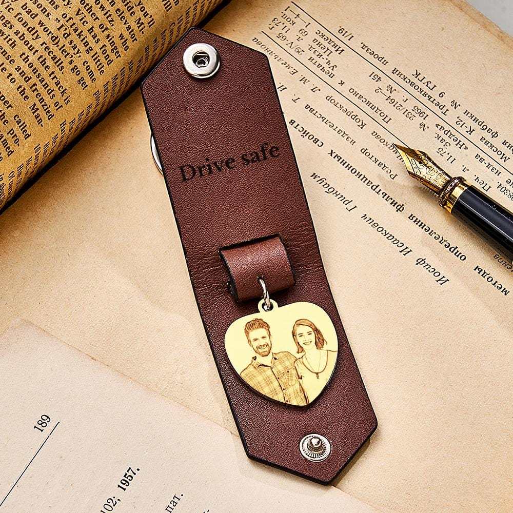 Custom Heart Shaped Photo Leather Keychain With Text Annivesary Gifts For Men - Giftlab