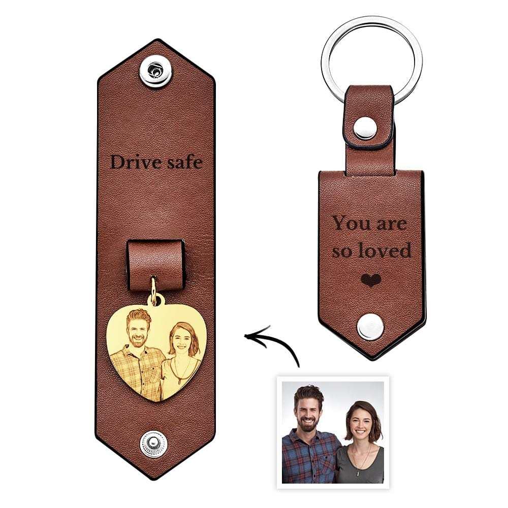 Custom Heart Shaped Photo Leather Keychain With Text Annivesary Gifts For Men - Giftlab