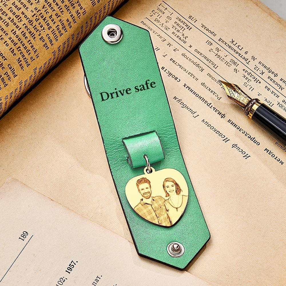 Custom Heart Shaped Photo Leather Keychain With Text Annivesary Gifts For Men - Giftlab