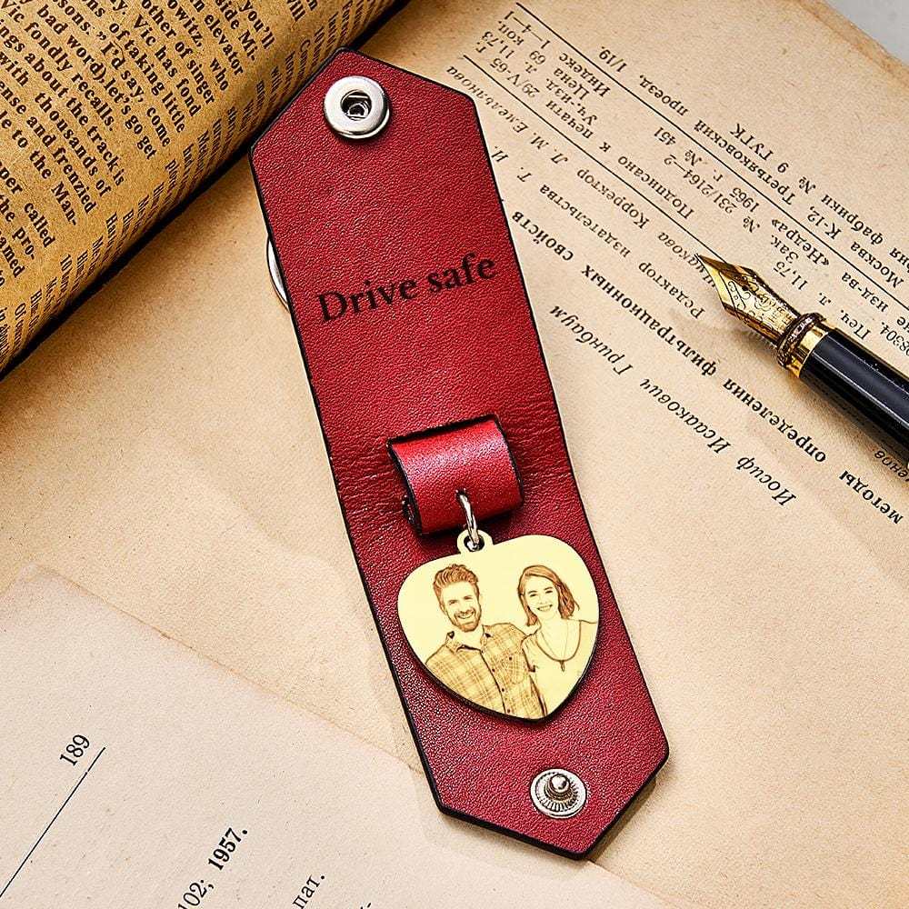 Custom Heart Shaped Photo Leather Keychain With Text Annivesary Gifts For Men - Giftlab