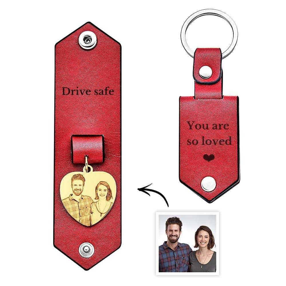 Custom Heart Shaped Photo Leather Keychain With Text Annivesary Gifts For Men - Giftlab