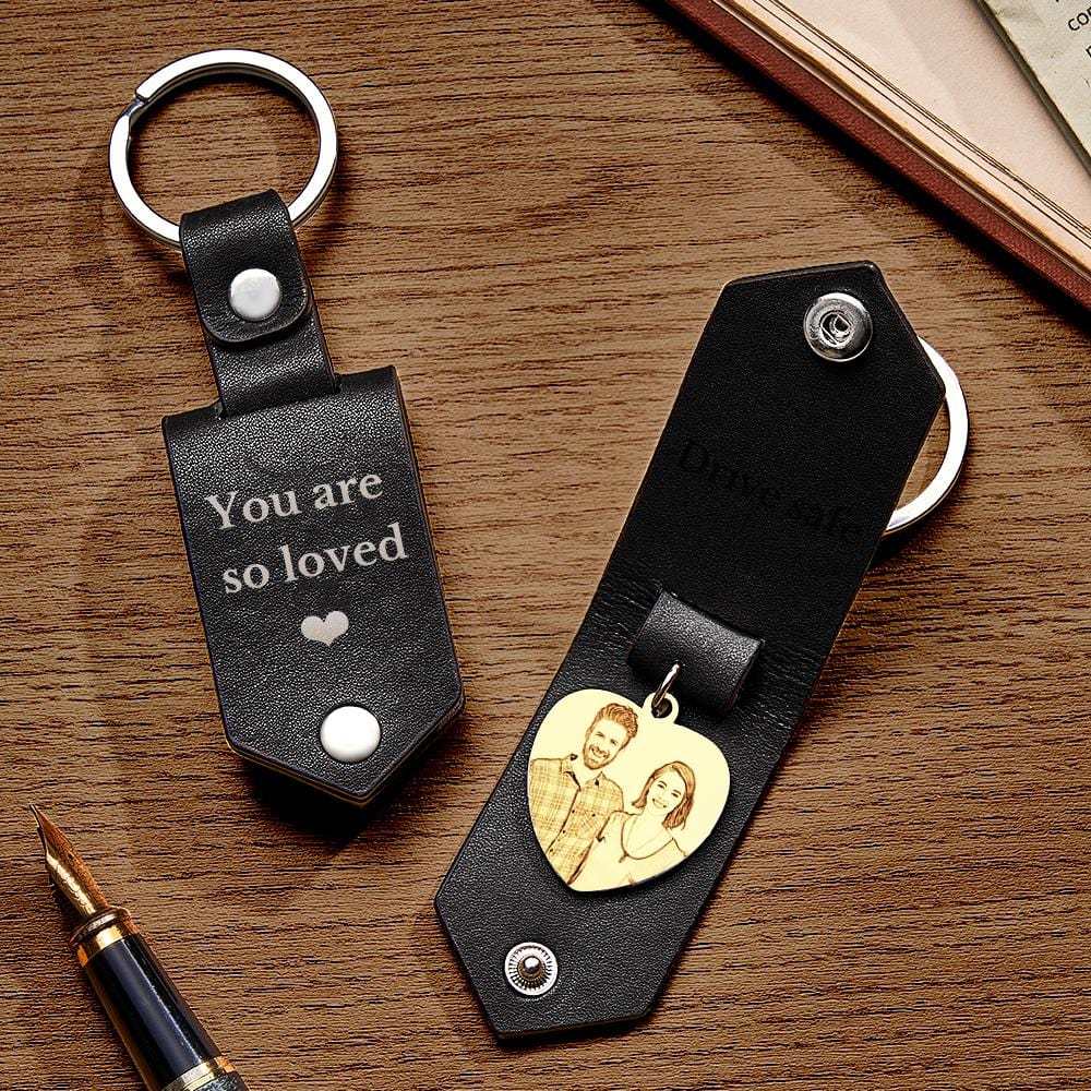 Custom Heart Shaped Photo Leather Keychain With Text Annivesary Gifts For Men - Giftlab
