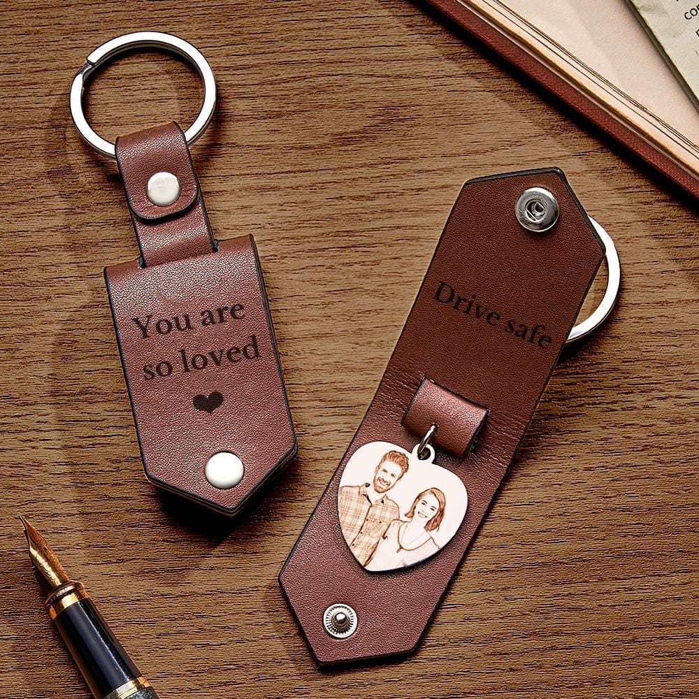 Custom Heart Shaped Photo Leather Keychain With Text Annivesary Gifts For Men - Giftlab