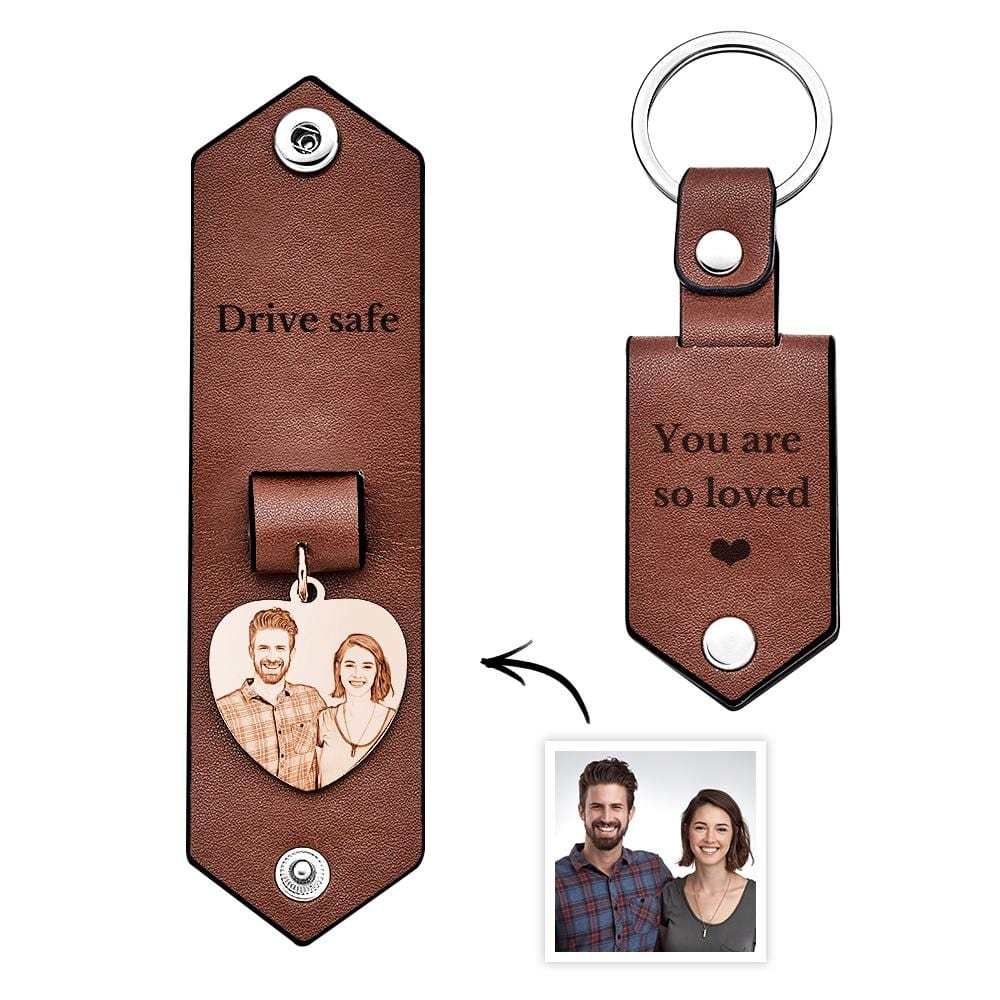 Custom Heart Shaped Photo Leather Keychain With Text Annivesary Gifts For Men - Giftlab