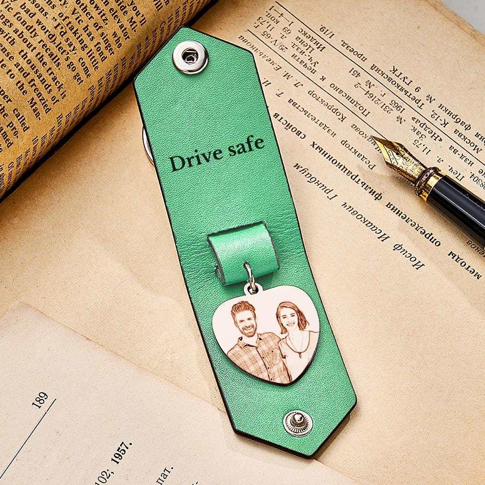 Custom Heart Shaped Photo Leather Keychain With Text Annivesary Gifts For Men - Giftlab