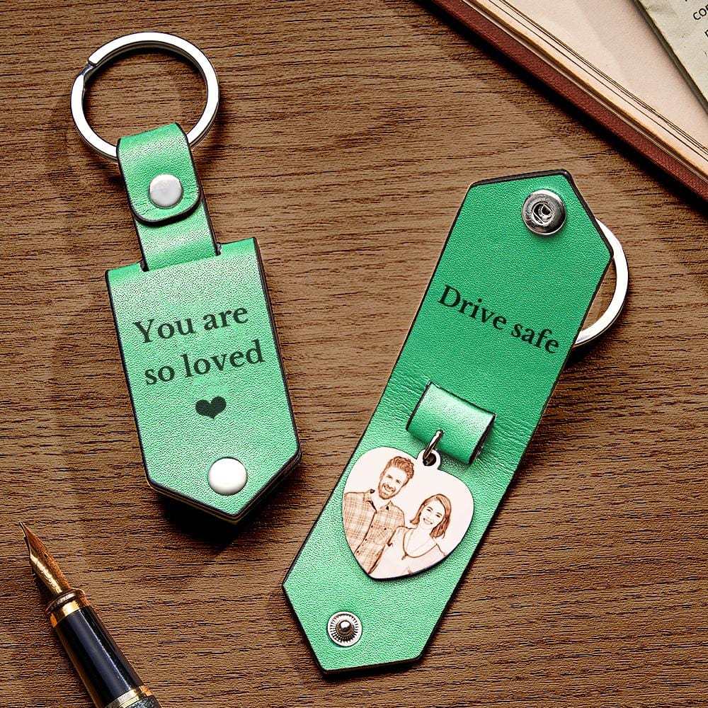 Custom Heart Shaped Photo Leather Keychain With Text Annivesary Gifts For Men - Giftlab