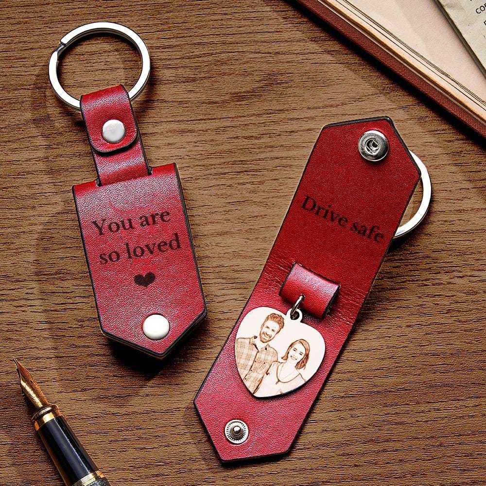 Custom Heart Shaped Photo Leather Keychain With Text Annivesary Gifts For Men - Giftlab