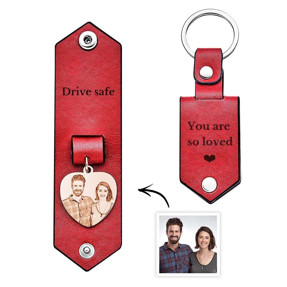Custom Heart Shaped Photo Leather Keychain With Text Annivesary Gifts For Men - Giftlab