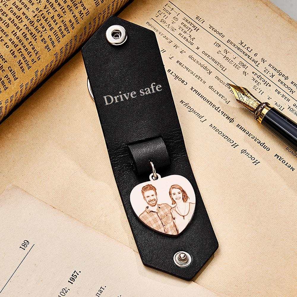 Custom Heart Shaped Photo Leather Keychain With Text Annivesary Gifts For Men - Giftlab