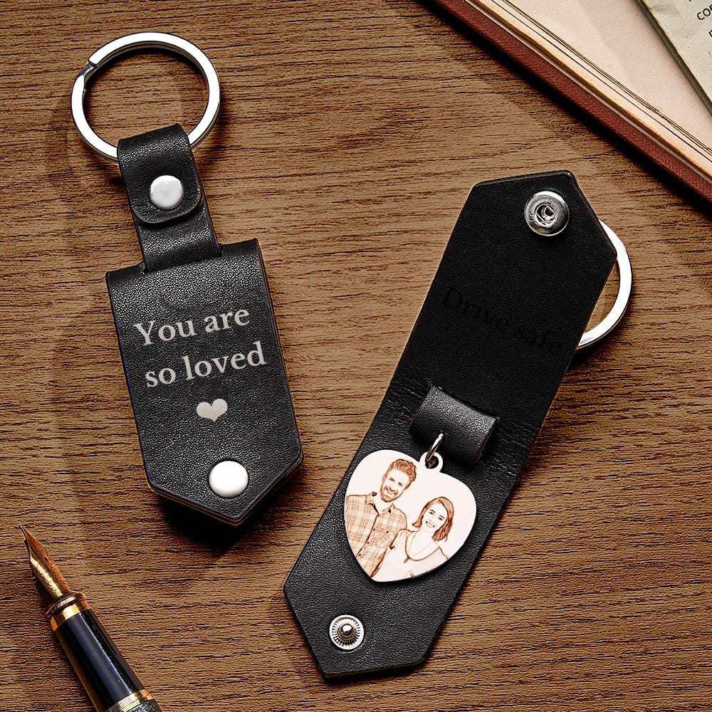 Custom Heart Shaped Photo Leather Keychain With Text Annivesary Gifts For Men - Giftlab