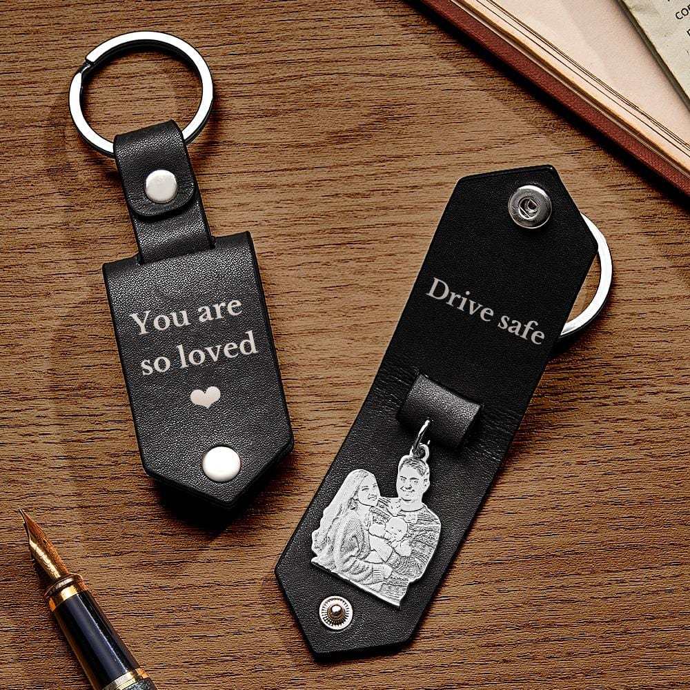 Custom Photo Leather Keychain With Text Annivesary Gifts For Men - Giftlab
