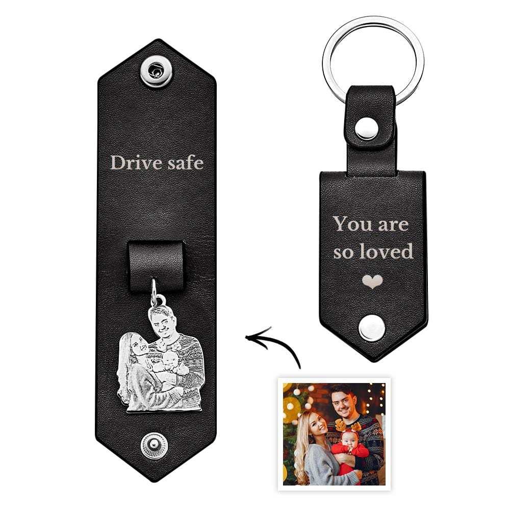 Custom Photo Leather Keychain With Text Annivesary Gifts For Men - Giftlab