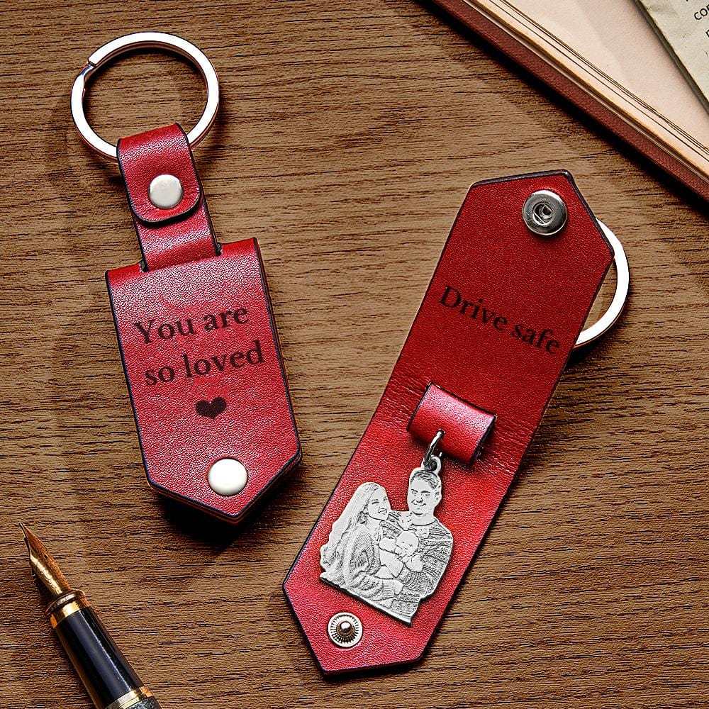 Custom Photo Leather Keychain With Text Annivesary Gifts For Men - Giftlab