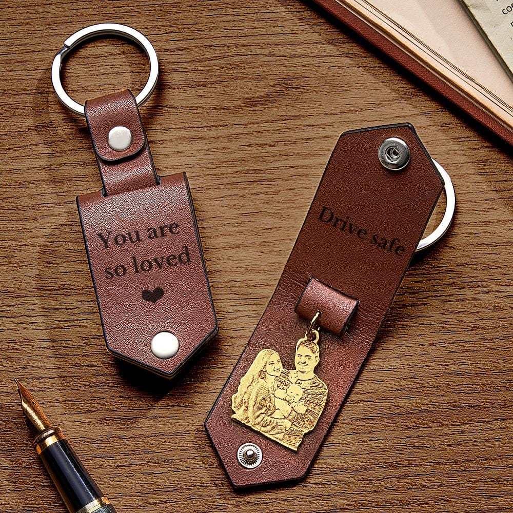 Custom Photo Leather Keychain With Text Annivesary Gifts For Men - Giftlab