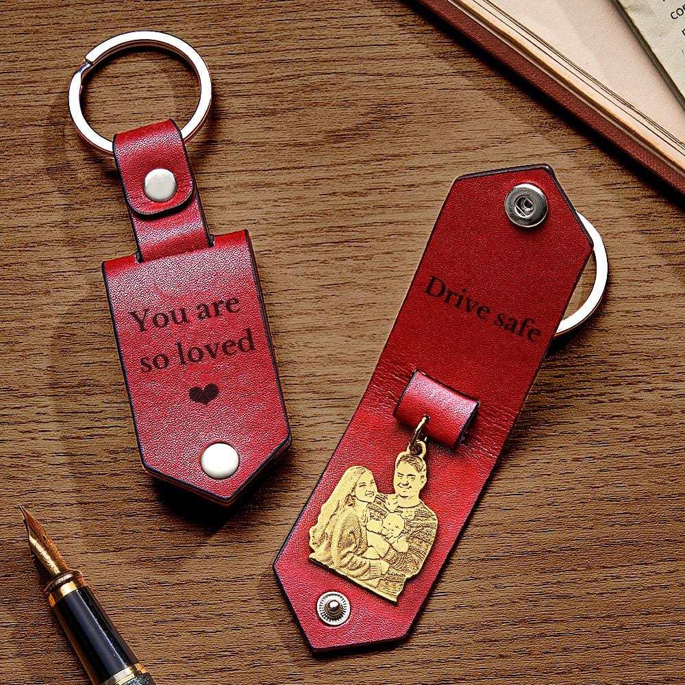 Custom Photo Leather Keychain With Text Annivesary Gifts For Men - Giftlab
