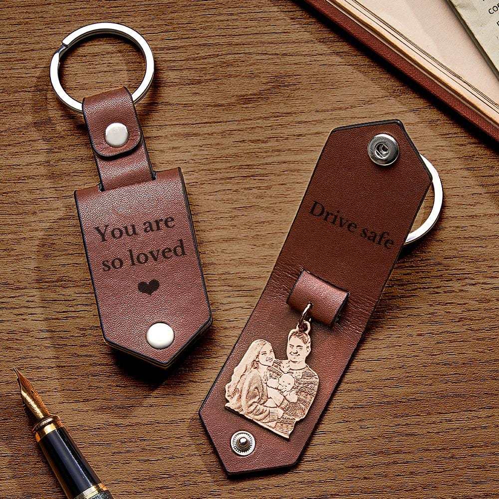 Custom Photo Leather Keychain With Text Annivesary Gifts For Men - Giftlab
