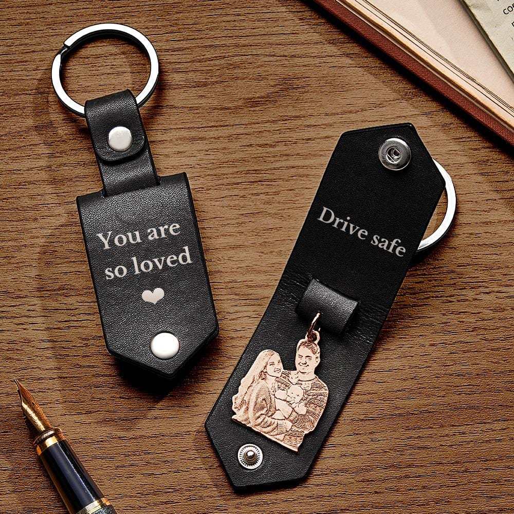 Custom Photo Leather Keychain With Text Annivesary Gifts For Men - Giftlab