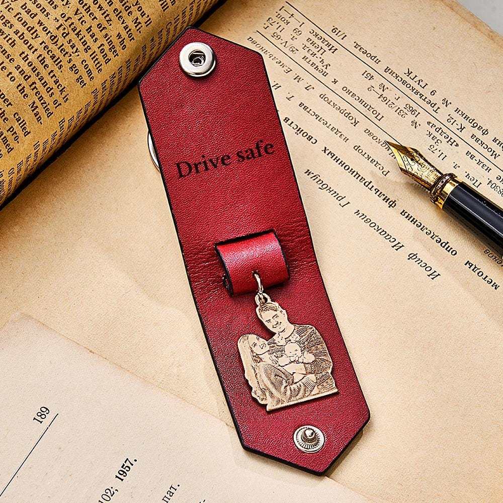 Custom Photo Leather Keychain With Text Annivesary Gifts For Men - Giftlab