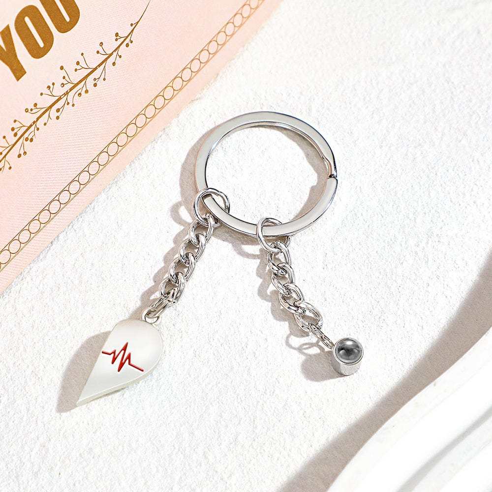 Custom Photo Heart Keychains Couple Projection Photo Magnetic Heartbeat Keyrings - Giftlab
