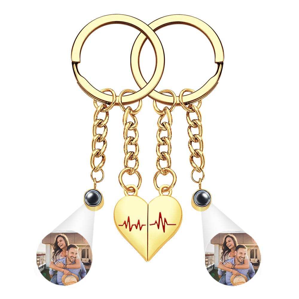 Custom Photo Heart Keychains Couple Projection Photo Magnetic Heartbeat Keyrings - Giftlab