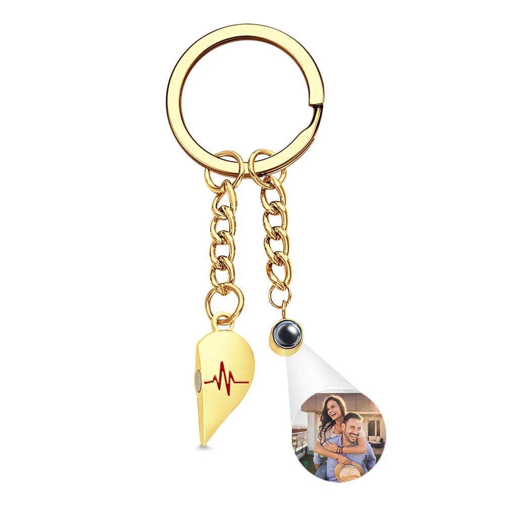 Custom Photo Heart Keychains Couple Projection Photo Magnetic Heartbeat Keyrings - Giftlab