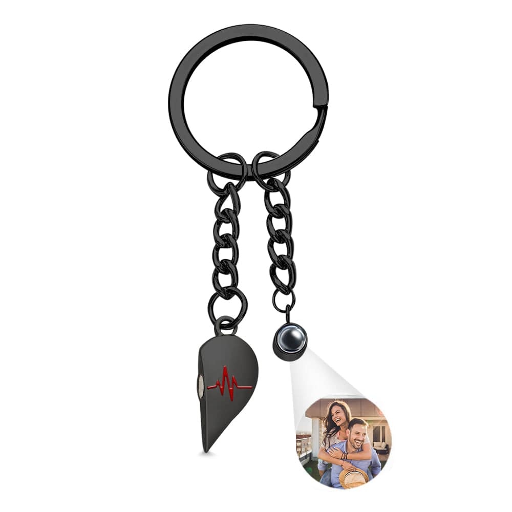 Custom Photo Heart Keychains Couple Projection Photo Magnetic Heartbeat Keyrings - Giftlab