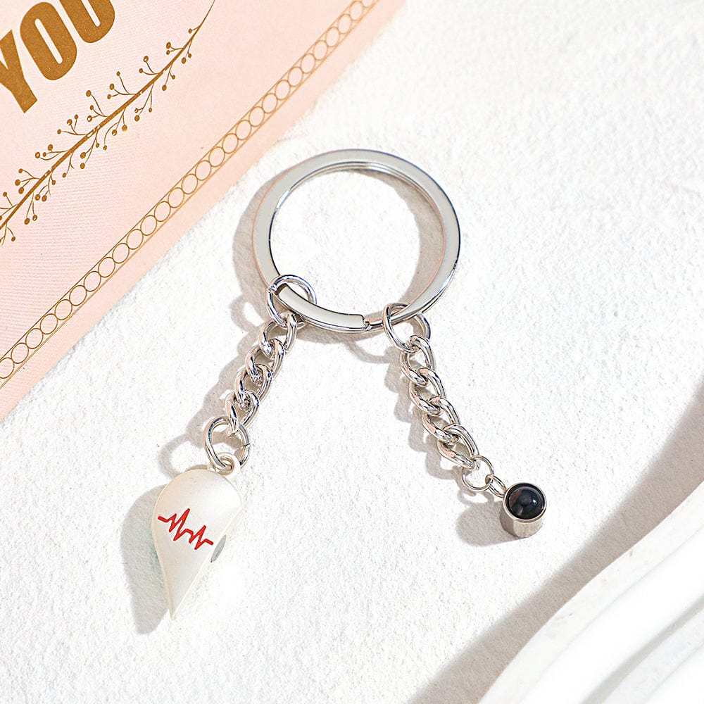 Custom Photo Heart Keychains Couple Projection Photo Magnetic Heartbeat Keyrings - Giftlab