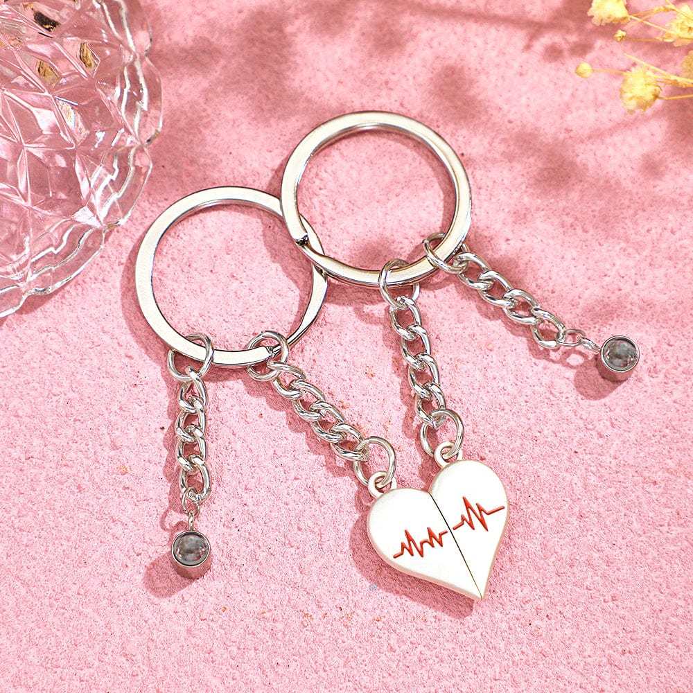 Custom Photo Heart Keychains Couple Projection Photo Magnetic Heartbeat Keyrings - Giftlab