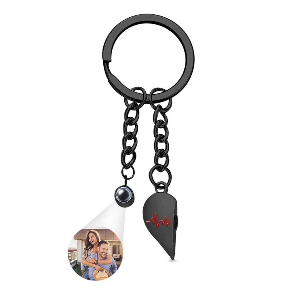 Custom Photo Heart Keychains Couple Projection Photo Magnetic Heartbeat Keyrings - Giftlab
