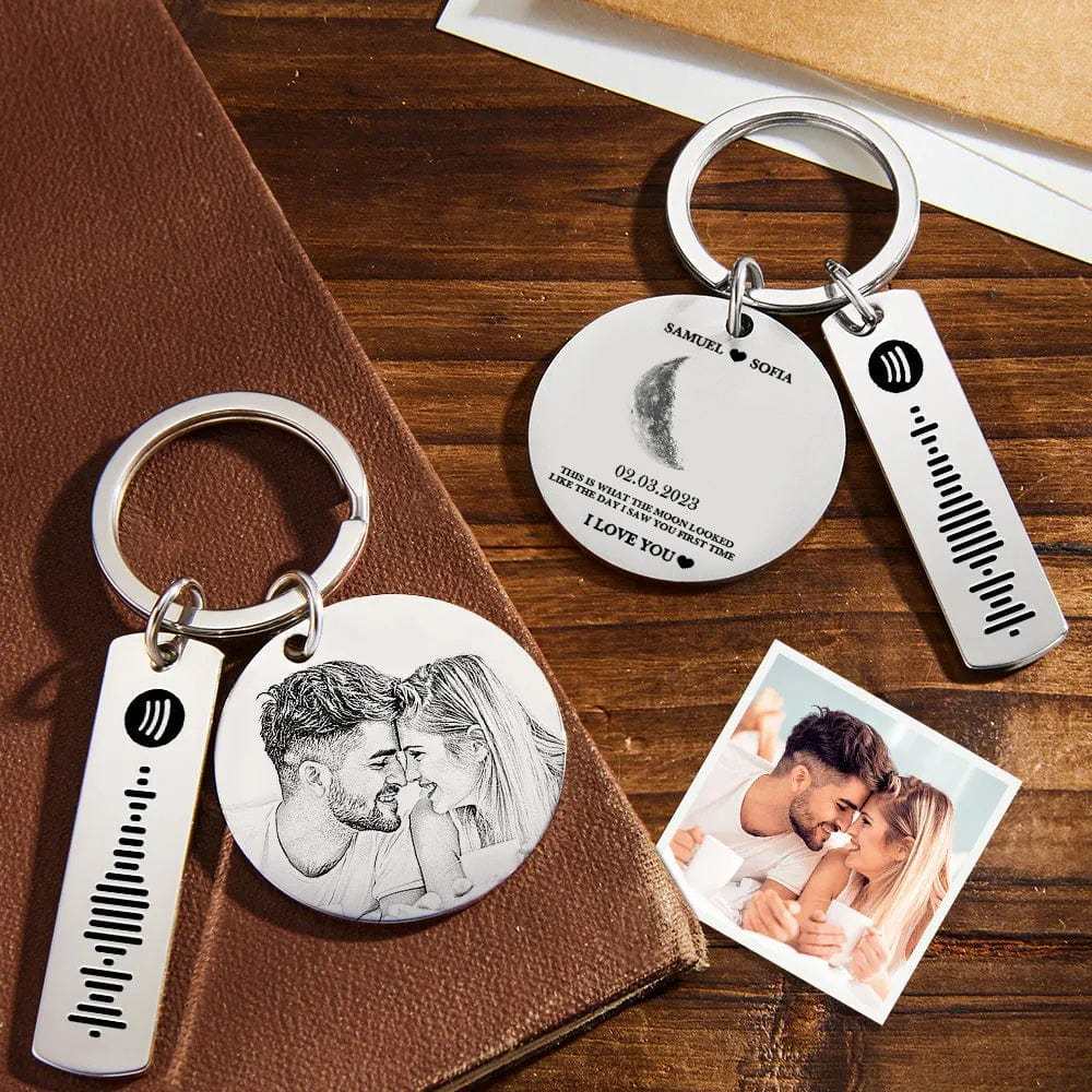 Custom Moon Phase Keychain Photo Spotify Keychain Personalized Stainless Steel Key Chains Valentine's Day Gift - Giftlab