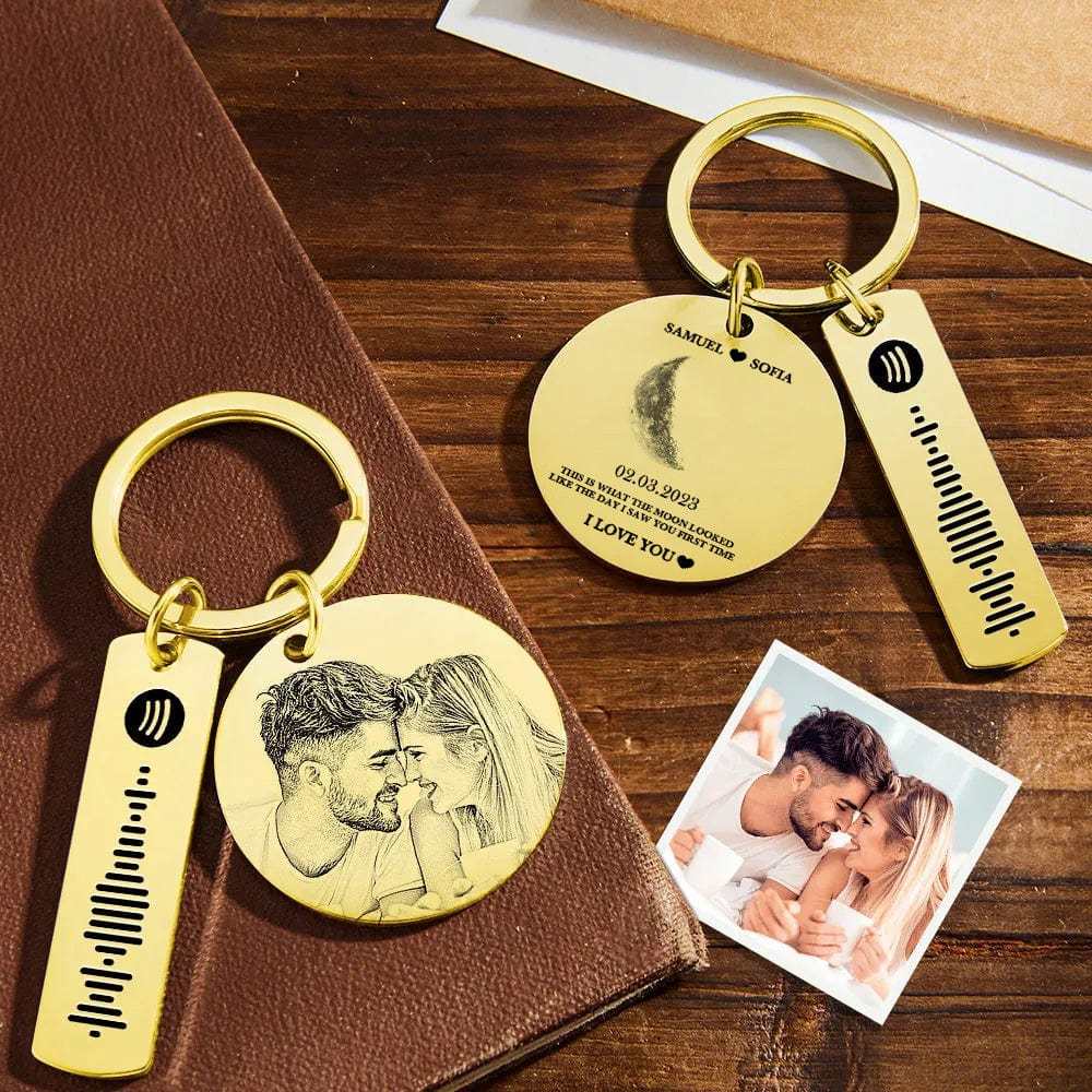 Custom Moon Phase Keychain Photo Spotify Keychain Personalized Stainless Steel Key Chains Valentine's Day Gift - Giftlab