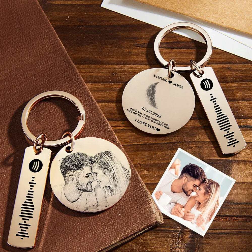 Custom Moon Phase Keychain Photo Spotify Keychain Personalized Stainless Steel Key Chains Valentine's Day Gift - Giftlab