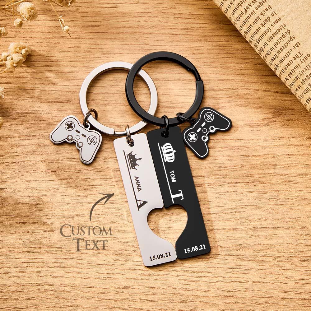 2 Personalized Couple Keychains Engraved Name and Date with Gamepad Charm Keyrings - Giftlab