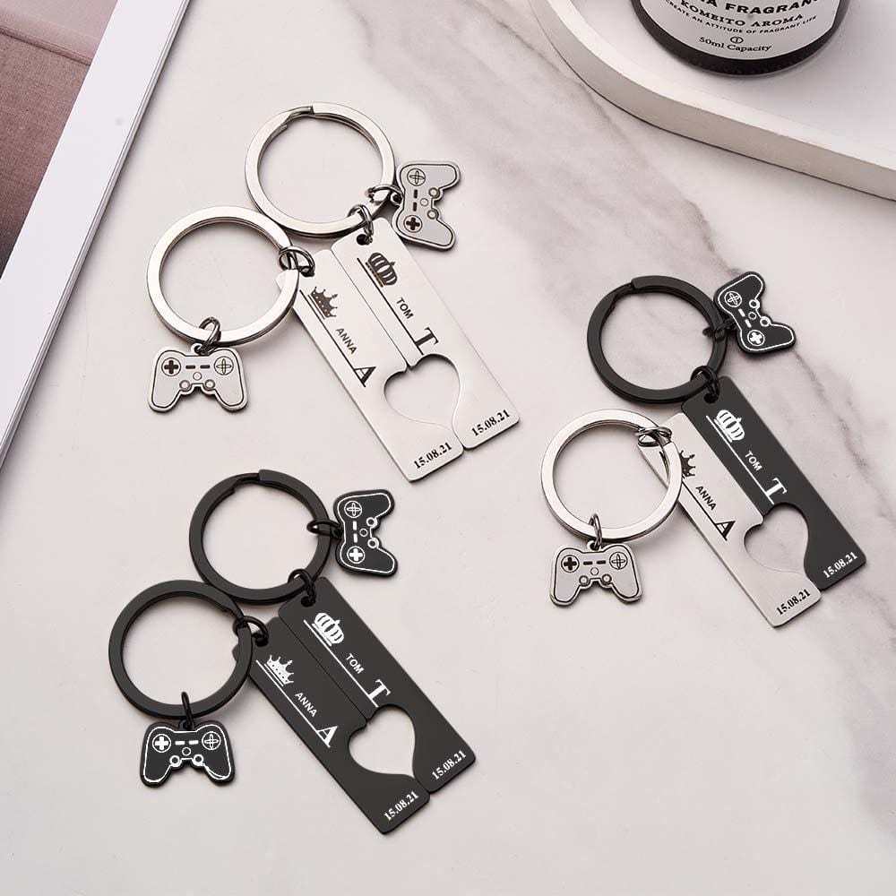 2 Personalized Couple Keychains Engraved Name and Date with Gamepad Charm Keyrings - Giftlab