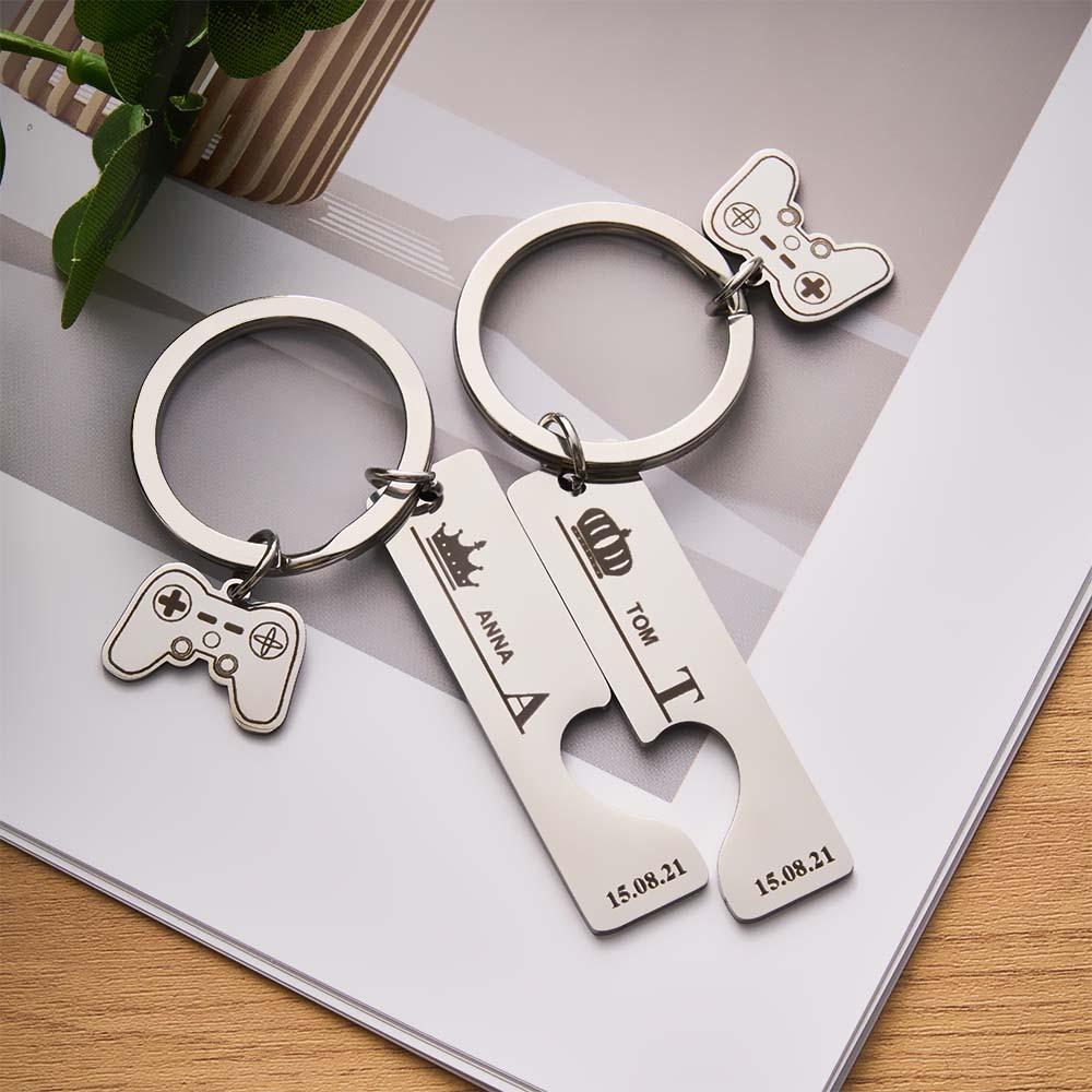 2 Personalized Couple Keychains Engraved Name and Date with Gamepad Charm Keyrings - Giftlab