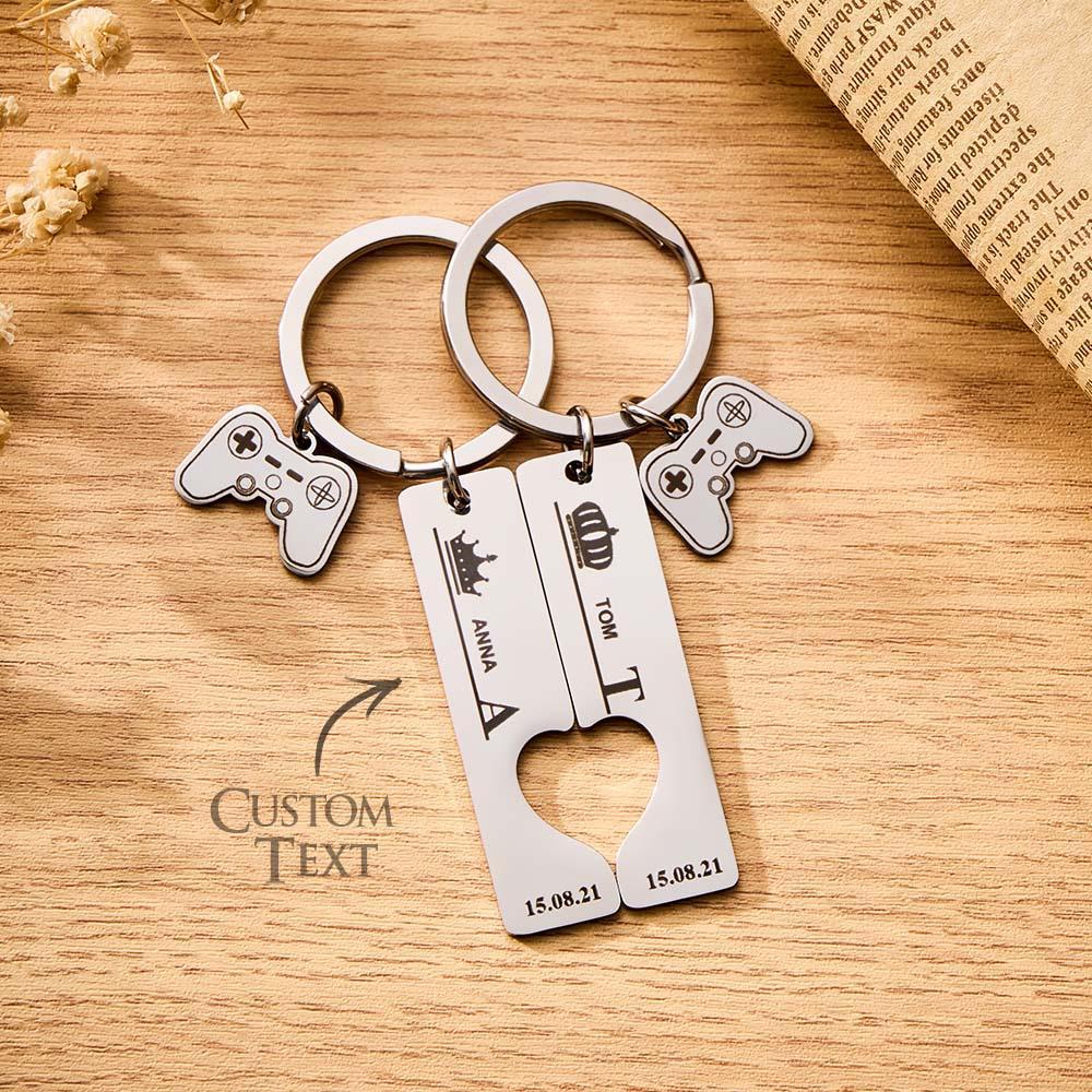 2 Personalized Couple Keychains Engraved Name and Date with Gamepad Charm Keyrings - Giftlab