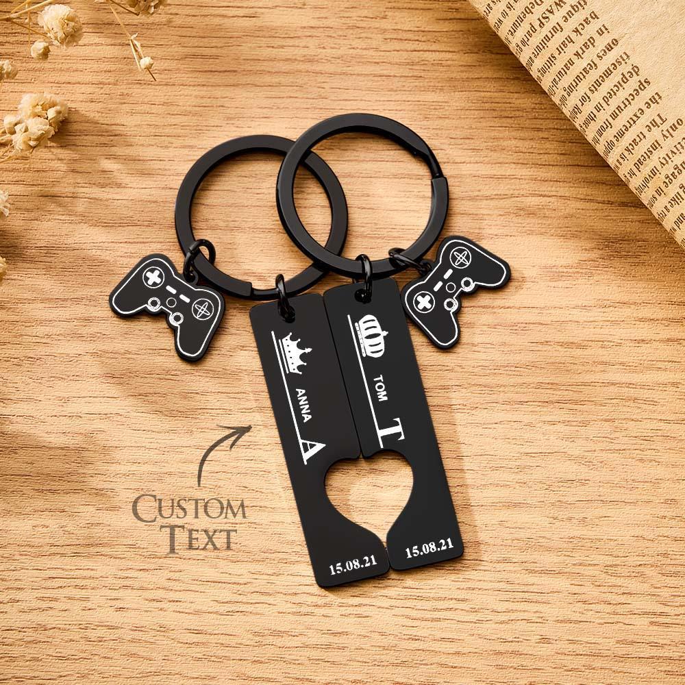 2 Personalized Couple Keychains Engraved Name and Date with Gamepad Charm Keyrings - Giftlab