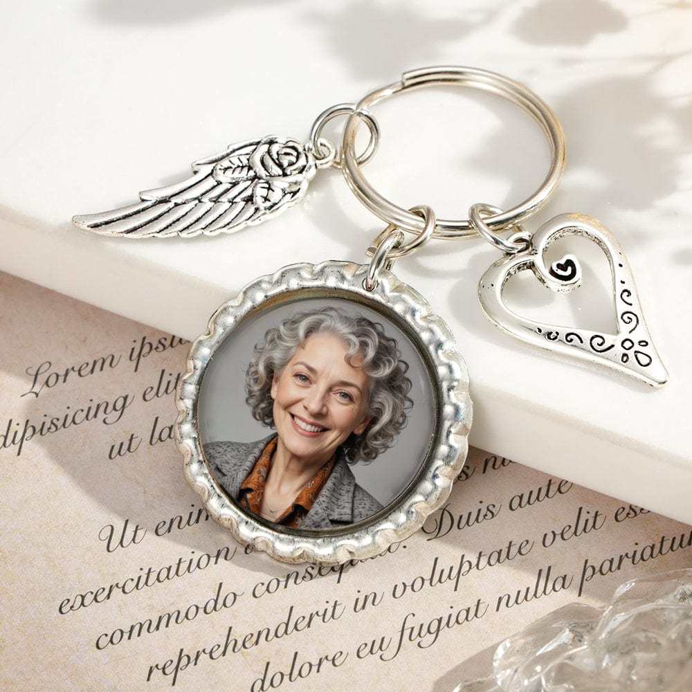 Personalized Photo Keychain with Text Heart Wing Keychain Memorial Gift - Giftlab