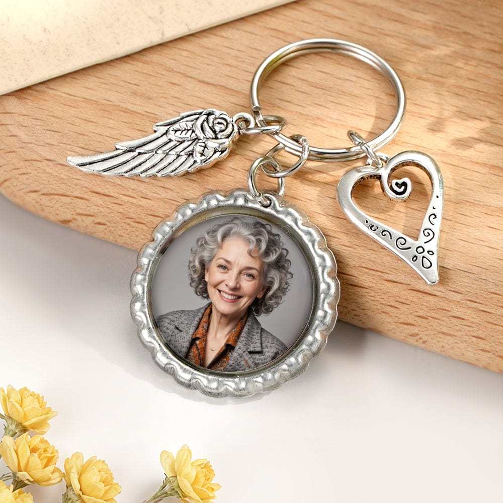 Personalized Photo Keychain with Text Heart Wing Keychain Memorial Gift - Giftlab