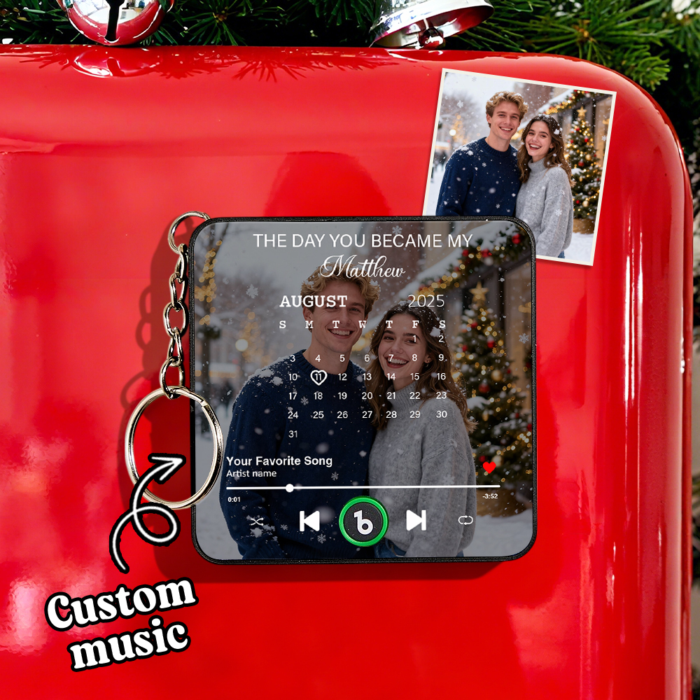 Personalized Mini Music Fridge Magnet Keychain With Calendar Photo "The Day You Became My" Refrigerator Magnet Keyring Can Play Songs Anniversary Gifts - MyCustomBrickFigures