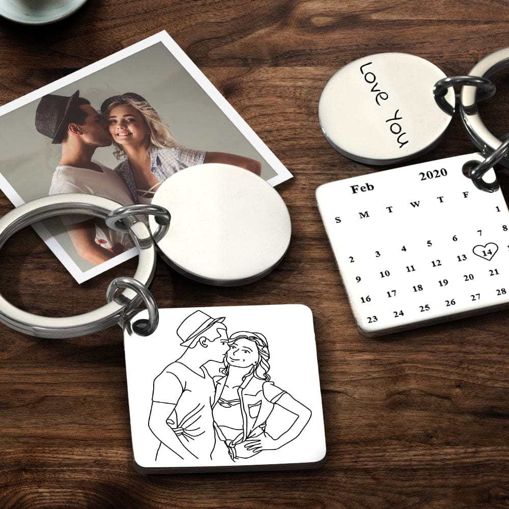 Custom Anniversary Keychain Line Drawing Keychain Custom Date and Photo Valentine's Day Gift - Giftlab