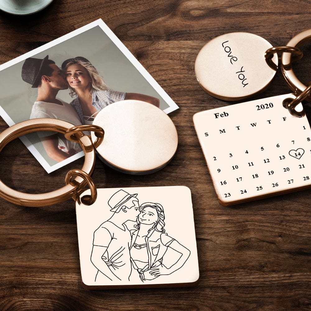 Custom Anniversary Keychain Line Drawing Keychain Custom Date and Photo Valentine's Day Gift - Giftlab