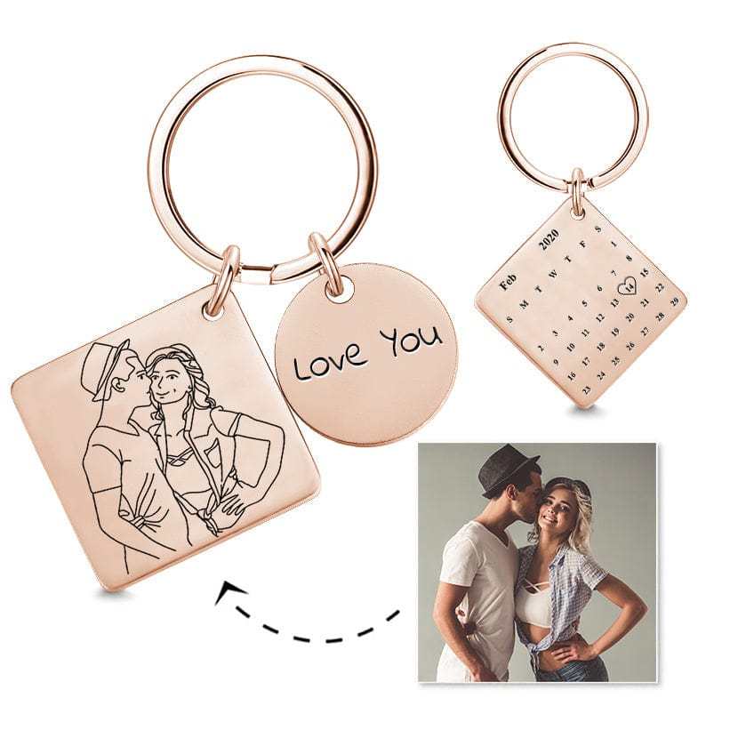 Custom Anniversary Keychain Line Drawing Keychain Custom Date and Photo Valentine's Day Gift - Giftlab